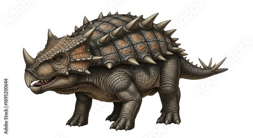 Fierce armored dinosaur with sharp horns and spikes, prehistoric creature, ancient wildlife
