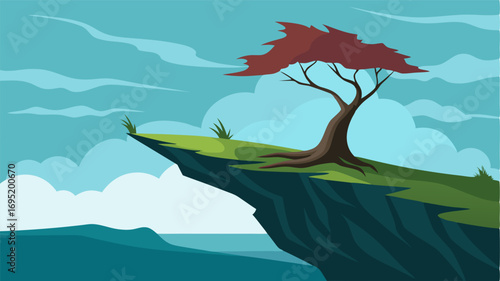 At the edge of the bluffs a lone tree stands bravely against the force of the wind. Its branches bend and sway as if in a graceful dance with nature.