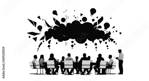 Diverse team in silhouette brainstorming ideas at a modern conference table with explosive abstract shapes above.