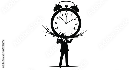 Businessman struggling under the weight of a giant alarm clock, symbolizing pressure and deadlines