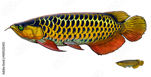 Asian Arowana, Scléropage d'Asie Fish illustration realism. Scleropages formosus. Scleropages formosus PNG.