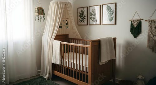 Serene Nursery Room Features A Wooden Crib With Elegant Botanical Wall Art Decorations