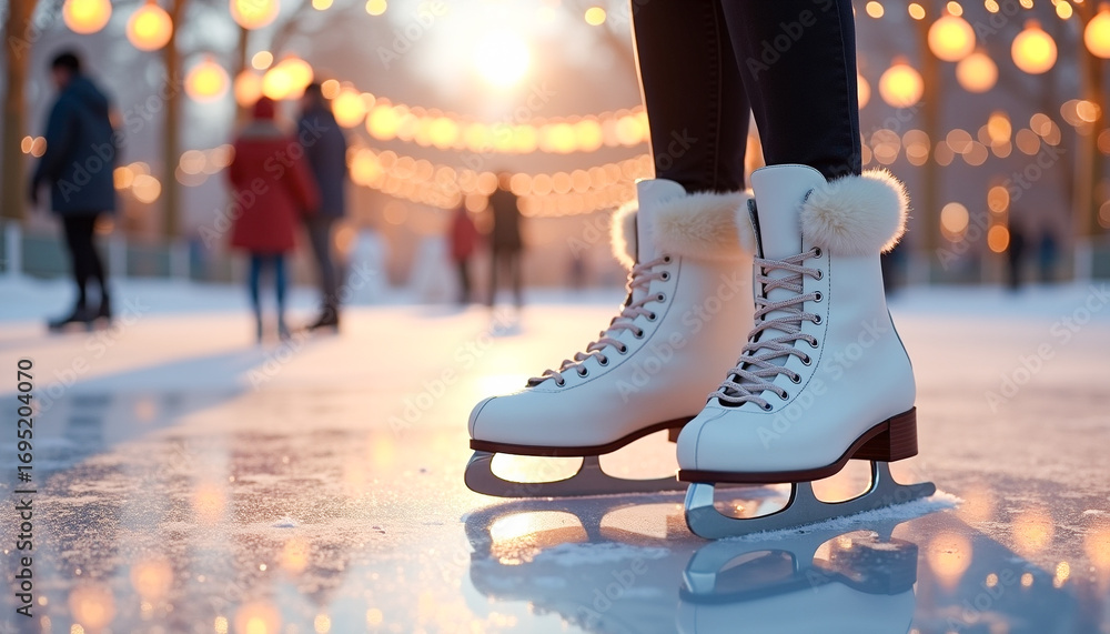Fototapeta premium Stylish white ice skates with faux-fur trim poised on glittering ice of festive outdoor rink, evoking winter romance and holiday joy for seasonal marketing and illustration purposes.