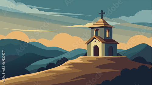 A small chapel with a weathered bell tower stood perched on a hilltop a beacon of hope in this desolate landscape.