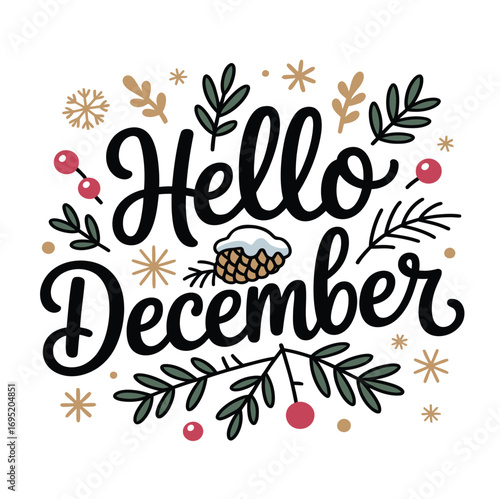 Hello december winter holiday season festive greeting card background vector illustration design image