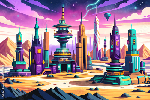 Cyberpunk desert with neon holograms and futuristic towers cartoon wallpaper vector , surreal post apocalyptic scenery