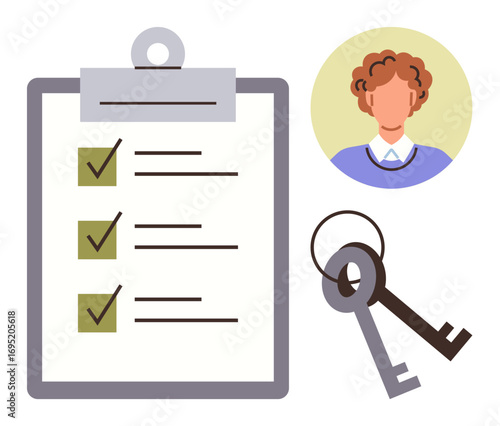 Completed checklist with ticks, keyring with two keys, circular portrait of a person. Ideal for organization, security, responsibility, accountability, productivity planning teamwork. Simple flat