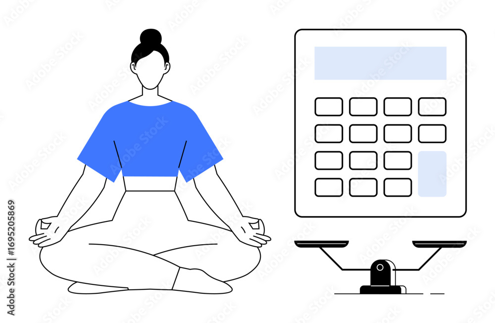 custom made wallpaper toronto digitalWoman meditating cross-legged in yoga pose beside a calculator and weighing scale, symbolizing balance and mindful financial decisions. Ideal for wellness, financial planning, mindfulness, strategy