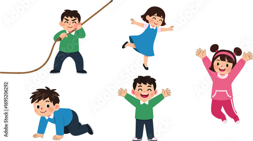 Cartoon children playing and jumping in various poses, happy kids activity illustration, fun childhood moments, energy, friendship, outdoor playtime, lifestyle, vector art