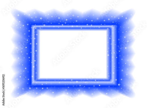Single glowing blue neon rectangular frame with blur and sparkles. Transparent background. Shiny festive vector template for party or Christmas design..