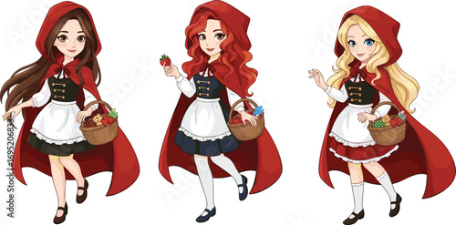 Cartoon Little Red Riding Hood characters, three variations, baskets with items, fairy tale theme, cad drawing flat vector illustration