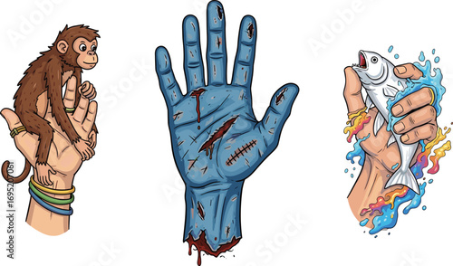 Cartoon hands set, holding monkey, zombie hand, gripping fish with splashes, surreal concept art, cad drawing flat vector illustration