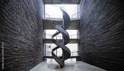 spiraling staircase winds through modern concrete walls