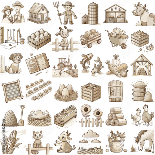 Farm icon set featuring animals, crops, and tools in vintage style  
