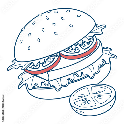 Delicious burger with flying ingredients vector art