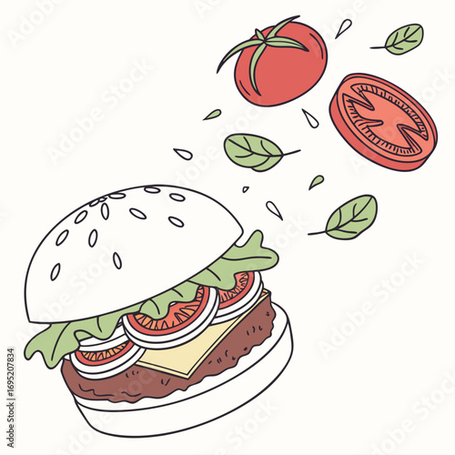 Delicious burger with flying ingredients vector art