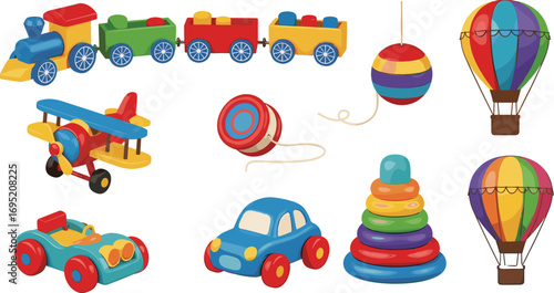 Cartoon collection of colorful children’s toys including train, airplane, cars, balloons, yo‑yo, stackable rings, playful kids’ playthings illustration, fun, childhood, entertainment, vector art