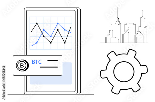 Mobile device displaying Bitcoin line chart, futuristic city outline, and gear icon integration. Ideal for cryptocurrency, technology, finance, data, urban planning innovation development. Flat