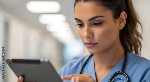 Close-up of nurse checking blank tablet, serious expression, blurred hospital background