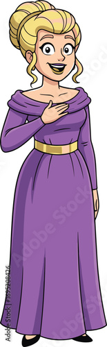 Cartoon elegant woman, blonde hair updo, purple dress with gold belt, smiling character pose, cad drawing flat vector illustration