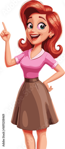 Cartoon red haired woman, pink white top, brown skirt, smiling character pointing upward, cheerful pose, cad drawing flat vector illustration