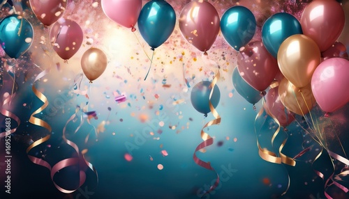 a birthday party background with an energetic mix of floating balloons and cascading ribbons confetti fills the air creating a sense of motion the streamers behind them layer beautifully in shades