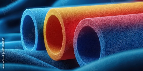Close-Up of Colorful Foam Tubes on Blue Fabric Background