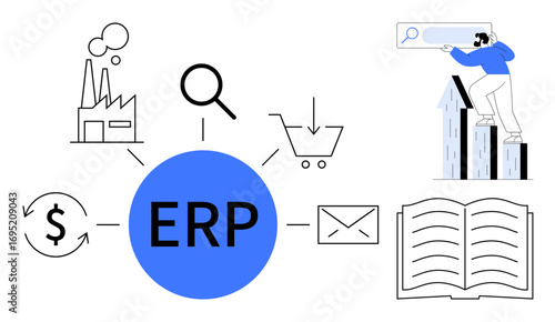 ERP hub linking icons of factory, magnifying glass, shopping cart, dollar sign, email, book, and graph. Ideal for resource management, automation workflow analytics integration enterprise simple