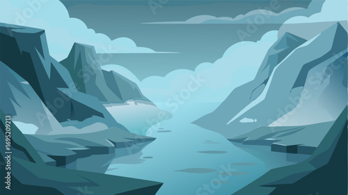 A thick layer of fog descends upon the glacial fjord shrouding its icy waters and rocky cliffs in an air of mystery and intrigue.