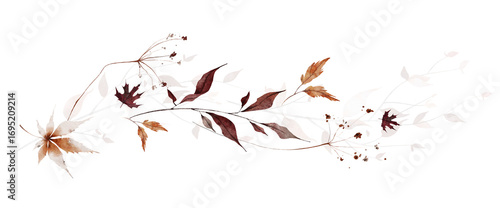 Watercolor autumn horizontal border. Orange, brown and gray fall dry leaves, wild branches and twigs, flowers. Hand drawn illustration. Watercolour artistic template design.