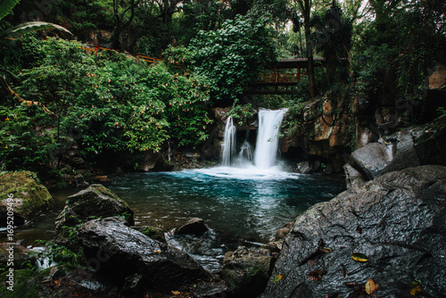 Mexican rainforest. Intense green vegetation. River and waterfall ecosystem. Barranca del Cupatitzio National Park in Uruapan, Michoacán.