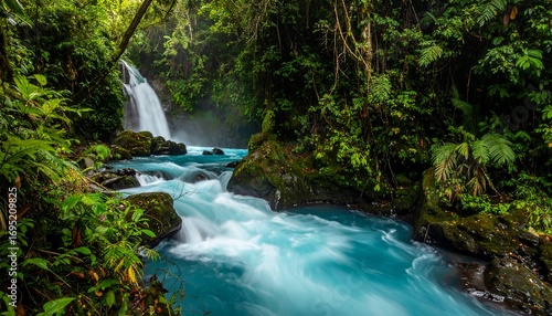 A vibrant turquoise river winds through a lush, verdant jungle, cascading down a waterfall, showcasing the natural beauty of a tropical paradise.