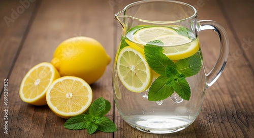 Fresh and refreshing lemonade with sliced lemon and mint leaves in a glass pitcher and on a wood table. The beverage is perfect for a hot day and the wooden table gives it a rustic feel