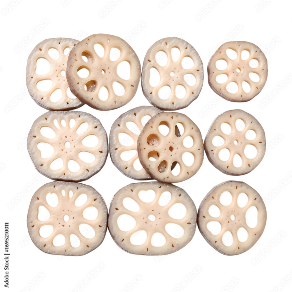 Fototapeta premium Lotus root slices isolated on transparent background, exotic Asian vegetable with natural holes, healthy organic food photography