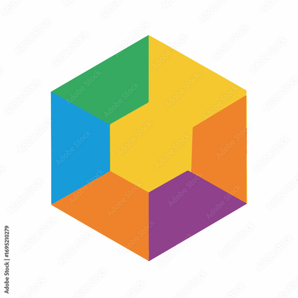 Colorful cube with geometric shapes against white background, geometric logo. Abstract shapes include yellow, green, purple, and orange, resulting in colorful cube arrangement for modern design. Colorful cube with geometric shapes against white background, geometric logo. Abstract shapes include yellow, green, purple, and orange, resulting in colorful cube arrangement for modern design.