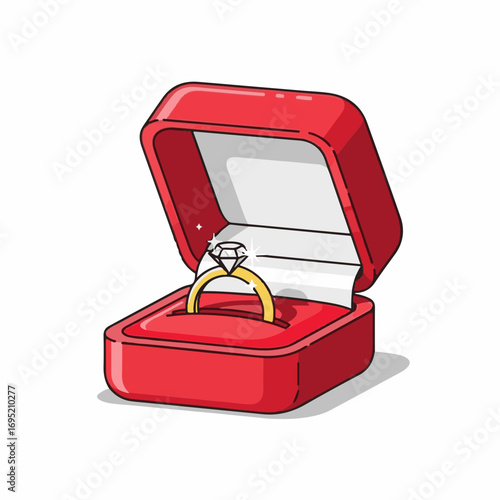 Gold engagement ring rests in red box, symbolizing love and commitment. Engagement ring sparkles with brilliance in its velvet-lined case, embodying hope for future happiness.