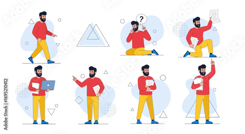 Flat vector illustration of a modern cartoon man character set. A young bearded man with dark hair, wearing a red shirt, yellow pants, and blue shoes, shown in multiple poses: walking, thinking, point