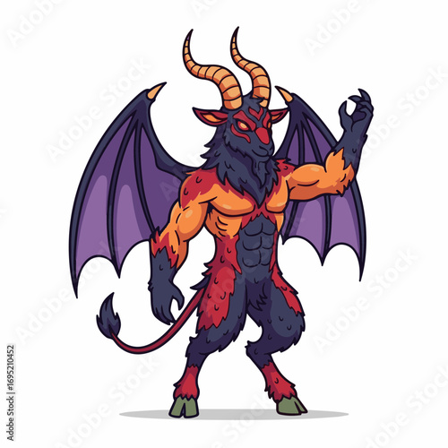 Baphomet illustration of a demonic goat figure with wings, muscular build, and intense gaze, standing powerfully, its imposing presence symbolizing occultism and mysticism. Baphomet,
