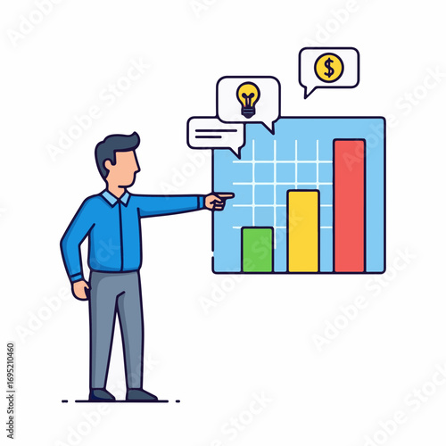 Business presentation showing charts and graphs with businessman pointing to data. Business presentation covers various aspects of financial success with ideas and money.