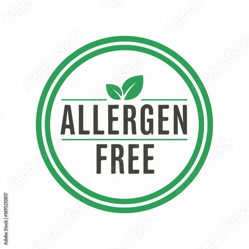 Allergen free emblem on white background, allergen free emblem on a green circle, leaves around. Isolated allergen free emblem for healthy lifestyle, nutrition and dietary choices. For stickers,