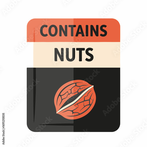 Contains nuts label on container. Warning label saying product contains nuts for allergy awareness. Nuts can trigger reactions so this label contains nuts information, which prevents any harm.