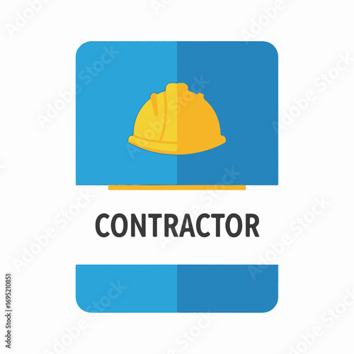 Contractor icon with yellow hard hat, professional attire for construction site job, blue square background. Contractor image shows worker safety equipment, symbol of industrial work.