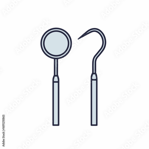 Dental instruments represented by dental mirror and dental hook on white background. Professional dental instruments for checkup and oral hygiene.