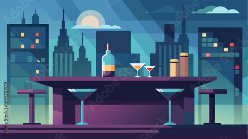 A sleek and modern bar elevated high above the bustling city streets offering a luxurious escape from the chaos below.