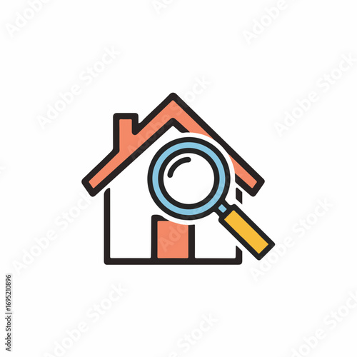 Home inspection showing magnifying glass over property, magnifying home. Inspection of house involves thorough examination of house to find issues and maintenance, magnifying home,