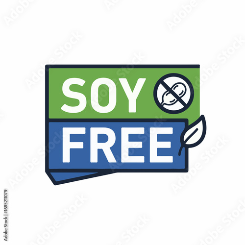 Soy free food label with green and blue colors, featuring a leaf, signifies absence of soybean ingredients. Soy free assurances provide options for individuals with dietary restrictions.
