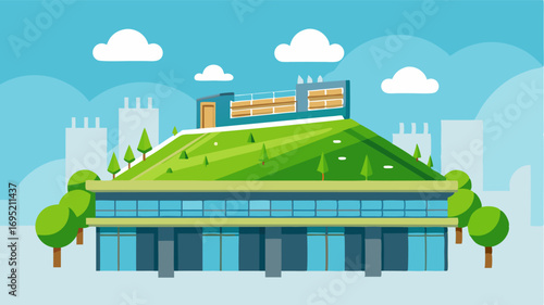A sprawling green roof on top of a shopping center providing a unique and ecofriendly addition to the urban landscape.