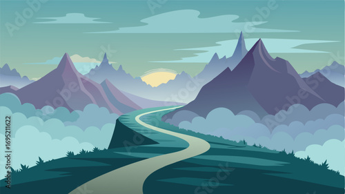 A winding path leading up to hazy mountains the mist lending an air of mystery and enchantment to the journey.