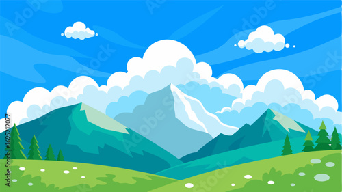 Lacy white clouds dot the crystal blue sky above a peaceful alpine meadow creating a stunning contrast against the green landscape.