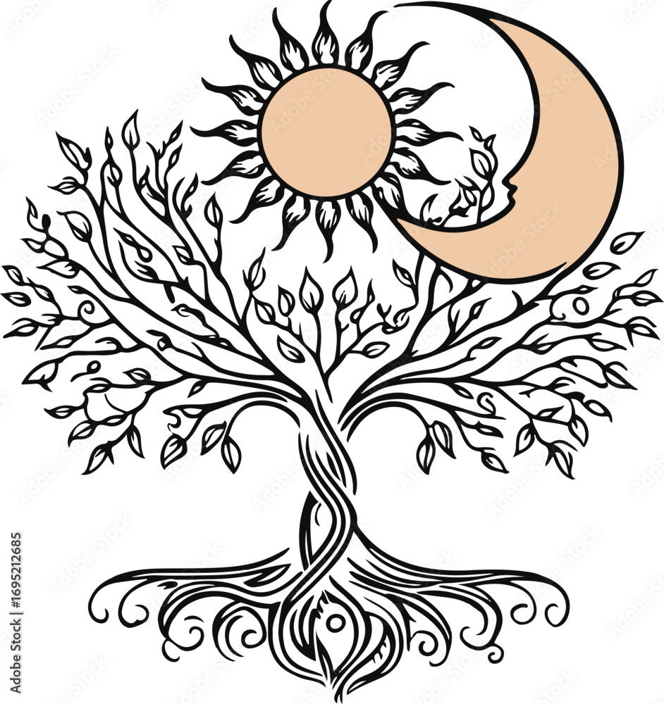 Obraz premium Ancient banyan tree outline with hanging roots, black line drawing on white background